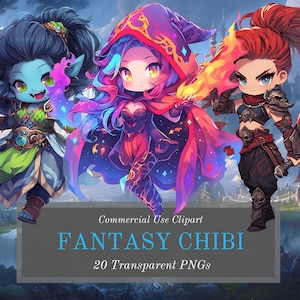 May include: A set of three fantasy chibi characters. A blue-skinned elf with green hair and a green and gold outfit, a red-haired warrior with a red and black outfit, and a red-haired mage with a red and purple outfit. The characters are all in a chibi style, with large heads and small bodies. The background is a fantasy landscape with a waterfall and a castle in the distance.