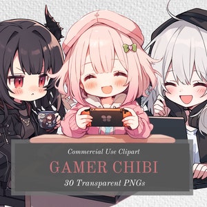 Chibi Anime Gamer Girls Clipart Bundle - Kawaii, Happy, Goth Streamer - 30 Transparent Background PNGs For Commercial Use - Digital Download