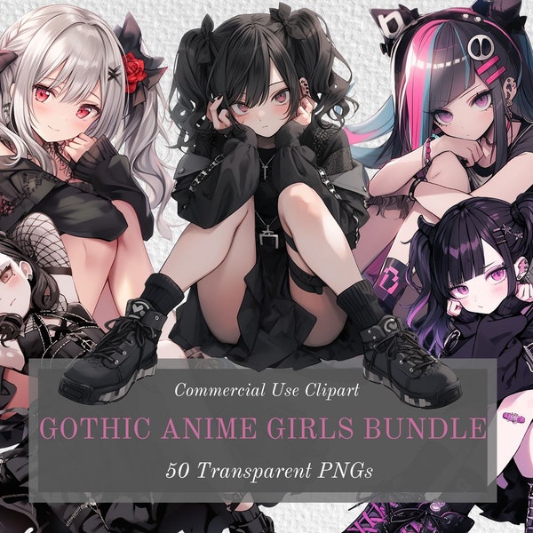 Gothic Anime Girl Clipart Bundle Pack - 50 Kawaii Goth Characters - Transparent Background PNGs For Commercial Use - Digital Download