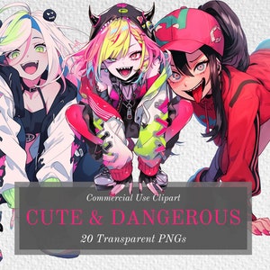 Cute And Dangerous Anime Girls Clipart Bundle - 20 Adorable Characters - Transparent Background PNGs For Commercial Use - Digital Download