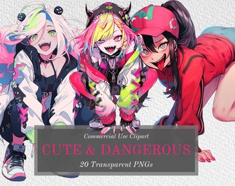 Cute And Dangerous Anime Girls Clipart Bundle - 20 Adorable Characters - Transparent Background PNGs For Commercial Use - Digital Download