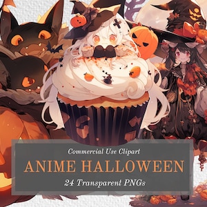Halloween Anime Clipart Bundle - 24 Cute & Spooky Festive Characters - Transparent Background PNGs For Commercial Use - Digital Download