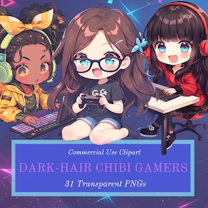 Dark-Hair Chibi Anime Gamers Clipart Bundle - Kawaii Twitch Streamers - 31 Transparent Background PNGs For Commercial Use - Digital Download