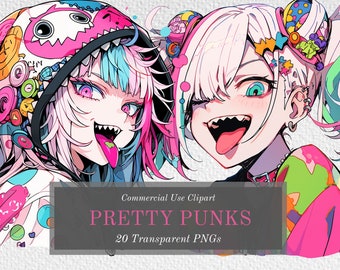 Punk Monster Anime Girls Clipart Bundle - 20 Quirky And Fun Characters - Transparent Background PNGs For Commercial Use - Digital Download