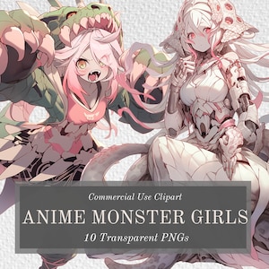 Monster Anime Girl Clipart Bundle - 10 Creepy and Fantastical Characters - Transparent Background PNGs For Commercial Use - Digital Download