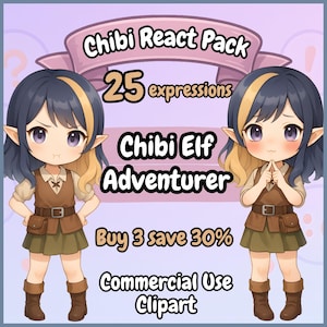 May include: Digital illustration of a Chibi Elf Adventurer with large eyes, wearing a brown vest, green skirt, and brown boots. The image includes text that reads "Chibi React Pack," "25 expressions," and "Commercial Use Clipart."
