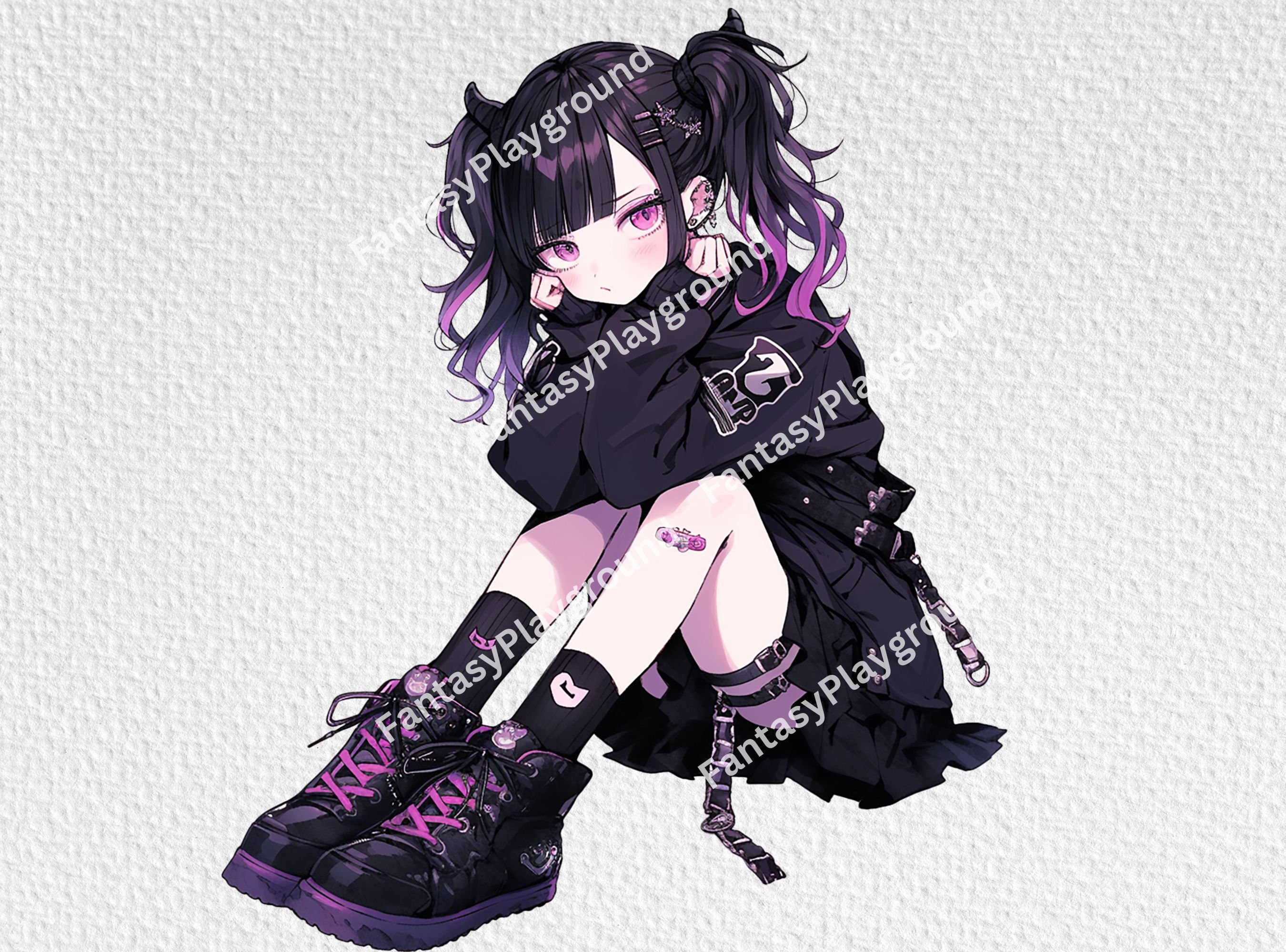 Gothic Anime Girl Clipart Bundle Sitting Pose 10 Transparent 