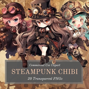 Puede incluir: Tres personajes chibi steampunk con engranajes y ruedas dentadas en el fondo. Los personajes llevan gafas, sombreros y vestidos con detalles intrincados. La imagen está etiquetada como "STEAMPUNK CHIBI 20 PNG transparentes".