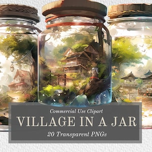 Op de afbeelding: Drie glazen potten met deksels, elk met een miniatuur dorpscene. De potten zijn gevuld met groen, kleine huisjes en een rivier. De tekst "Village in a Jar" staat onderaan de afbeelding.