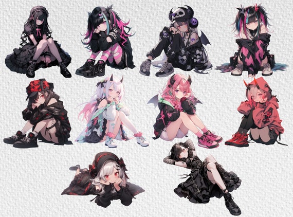 Gothic Anime Girl Clipart Bundle-Pack - 50 Kawaii Goth Charaktere ..., حجم الصورة 570x422