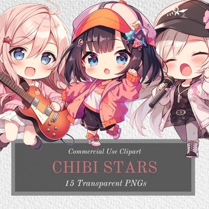 May include: Three anime-style chibi characters, one with pink hair and a guitar, one with black hair and a red jacket, and one with white hair and a microphone. The text "CHIBI STARS 15 Transparent PNGs" is below the characters.