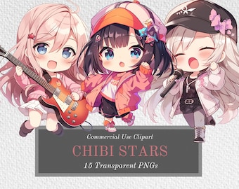 Chibi Stars Clipart Bundle - Kawaii Popstars, idols - 15 Transparent Background PNGs For Commercial Use - Digital Download