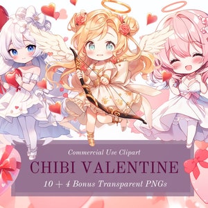 Paquete de imágenes prediseñadas de Chibi Valentine - ¡Paquetes de afecto Kawaii! - 10 + 4 PNG de fondo transparente para uso comercial - Descarga digital