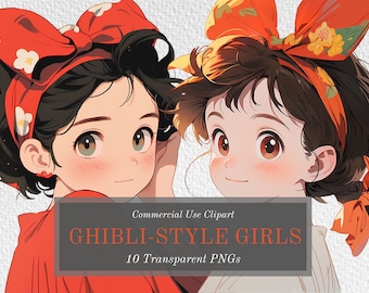 Ghibli-stijl anime meisje clipart-10 leuke en nostalgische personages-transparante achtergrond PNG's voor commercieel gebruik-digitale download