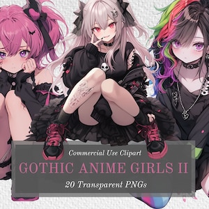 Gothic Anime Girl Clipart Bundle 2 - 20 Kawaii Characters - Transparent Background PNGs For Commercial Use - Digital Download