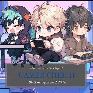 Chibi Gamers Clipart Bundle - Kawaii And Competitive Streamers! - 30 Transparent Background PNGs For Commercial Use - Digital Download