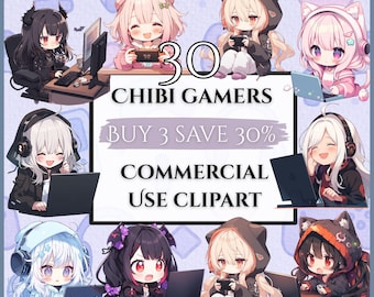 Chibi Anime Gamer Girls Clipart Bundle - Kawaii, Happy, Goth Streamer - 30 Transparent Background PNGs For Commercial Use - Digital Download