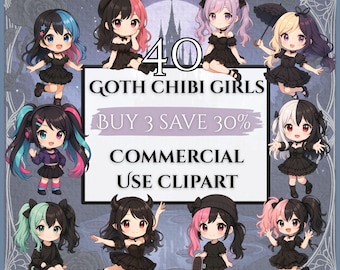 Goth Chibi Girl Clipart Pack • 40 PNGs • Cute Anime Goth Characters • Kawaii Dark Aesthetic Clip Art Bundle