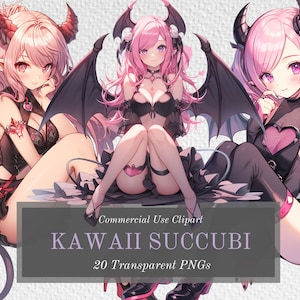 Succubus Anime Girl Clipart Bundle - 20 Kawaii Demon Characters - Transparent Background PNGs For Commercial Use - Digital Download