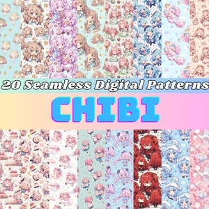 May include: A collection of 20 seamless digital patterns featuring Chibi characters in various poses and settings. The patterns showcase a range of pastel colors, including pink, blue, and beige, with detailed illustrations of the Chibi figures. The word "CHIBI" is displayed in large, blue letters.