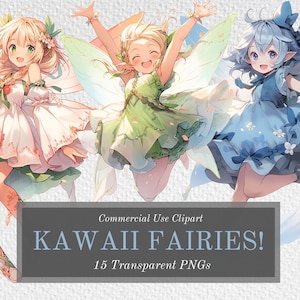 Op de afbeelding: Digitale illustratie van drie feeën in anime-stijl met grote vleugels. De feeën dragen jurken in wit, groen en blauw. De afbeelding bevat de tekst "KAWAII FAIRIES!" en "15 transparante PNG's".