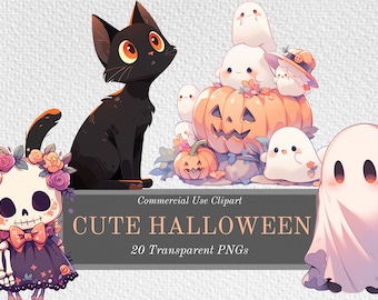 Może przedstawiać: Zestaw 20 uroczych obrazków clipart na Halloween, w tym czarny kot, szkielet w koronie kwiatowej i sukni, dynia z wyciętym uśmiechem i kilka duchów. Na dole obrazu widnieje tekst "Commercial Use Clipart CUTE HALLOWEEN 20 Transparent PNGs".