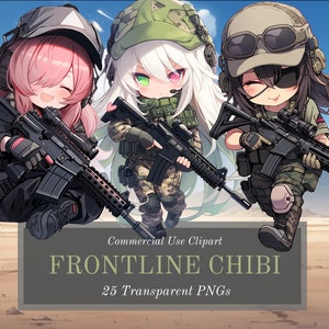May include: Three cartoon characters dressed in military fatigues and holding rifles. The characters are wearing camouflage clothing and have large eyes. The background is a desert landscape. The text "FRONTLINE CHIBI" is displayed below the characters.