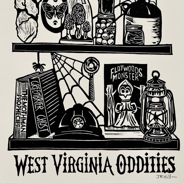 West Virginia Oddities linocut print, West Virginia art, WV history, cryptids, mothman, sasquatch, monster, coal miner, flatwoods, ghost