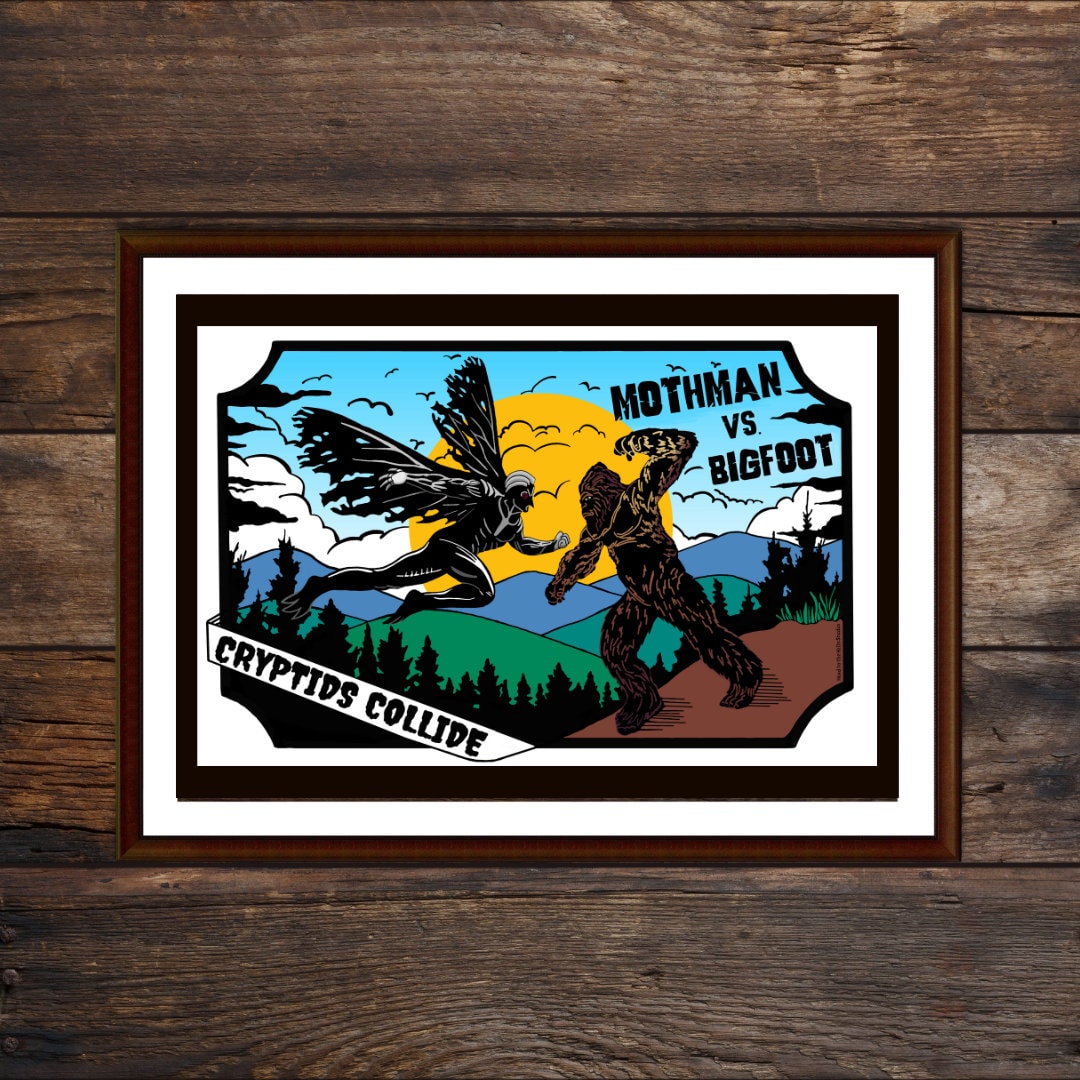 Mothman Vs. Bigfoot Cryptids Collide 11 in by 17 in Poster, Wall