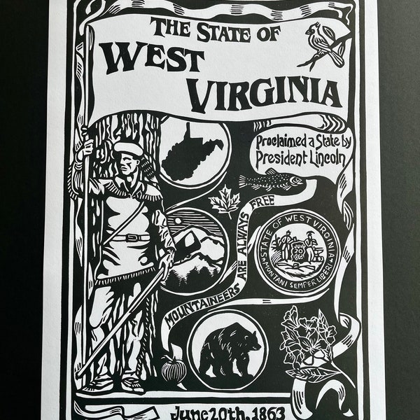 West Virginia Mountaineer Linocut Art Print, Wall Art, Home Decor