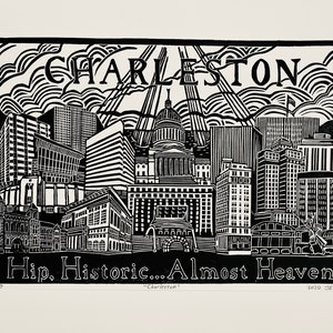 Charleston, West Virginia linocut print limited edition 12 in by 18 in handmade