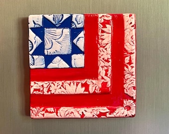 American Flag Quilt Block Clay Magnet