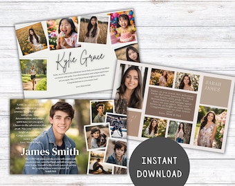 May include: A set of three yearbook ad templates with different layouts and color schemes. Each template features a collage of photos and a personalized message. The templates are designed for high school seniors and include the text "Kyle Grace", "James Smith", and "Sarah James".