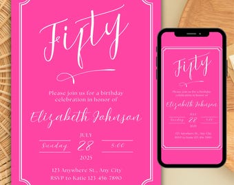 50th Birthday Invite Hot Pink, 50th Birthday Party Invitation Fuchsia, Minimal 50th Invitation Pink White, Digital Birthday Invite for Her