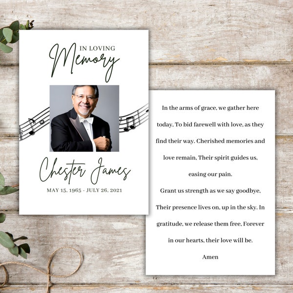 Music Note Funeral Prayer Card Template, Editable Funeral Poem Card, Celebration of Life, Printable Memorial Card Musical, Obituary Card