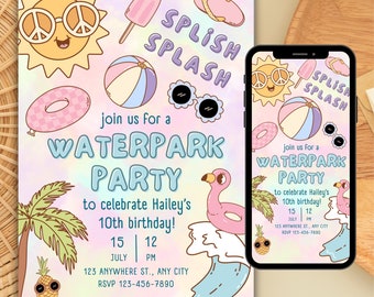 Waterpark Birthday Party Invitation Canva, Retro Summer Birthday Invite, Splish Splash Birthday Invite Pool Party, Editable Summer Bday
