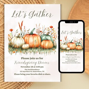 Pumpkin Friendsgiving Dinner Invite Template, Printable Fall Pumpkin Thanksgiving Invitation, Friendsgiving Potluck Digital Invite