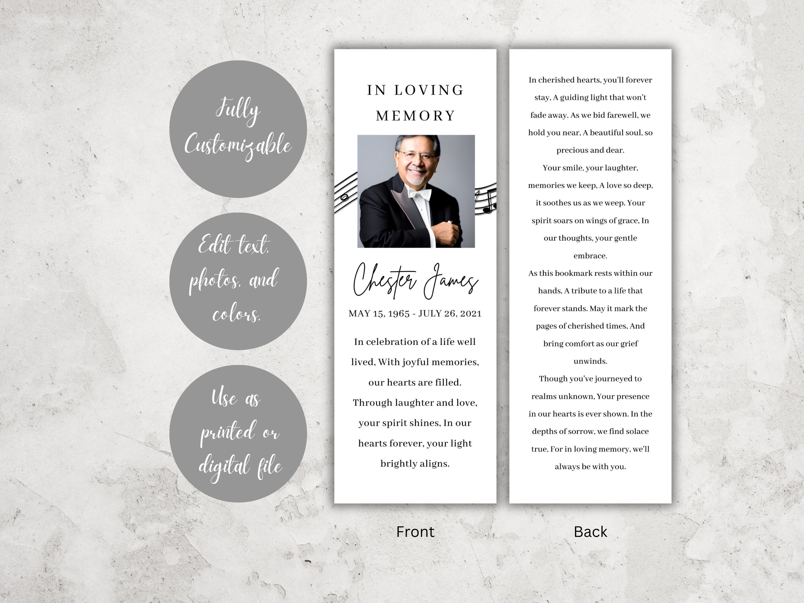 Funeral Bookmark Template, Printable Memorial Bookmark, Editable Funeral Bookmark Music Note ...