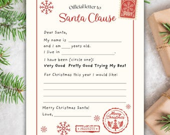 May include: Cream-colored letter to Santa Claus with red accents. The letter includes fill-in-the-blank sections for name, age, and location. Decorative elements include snowflakes, a postage stamp, and a "Merry Christmas" seal.