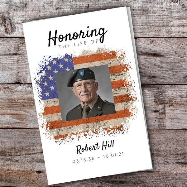 Veteran Funeral Program Template, Printable Funeral Template American Flag Memorial Program, Editable Patriotic Celebration of Life Program