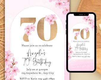 Invitación floral para 70 cumpleaños: Plantilla rosa y dorada (digital)