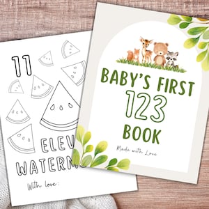 Peut inclure: Un livre de coloriage imprimable pour bébés avec le titre "Baby's First 123 Book" et le texte "Made with Love". La couverture présente une illustration mignonne d'animaux de la forêt, dont un cerf, un écureuil, un ours et un raton laveur.