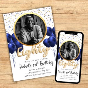 80th Birthday Invitation for Him, 80 Year Birthday Invite with Photo, 80th Birthday Mobile Invitation Blue and Gold Digital Canva Template