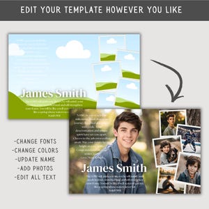 May include: A graduation card template with a blue and green color scheme. The card features a photo collage of a young man, a dog, and a lake. The text on the card reads "James Smith" and includes a Bible verse from Isaiah 58:11. The card is customizable with different fonts, colors, photos, and text.