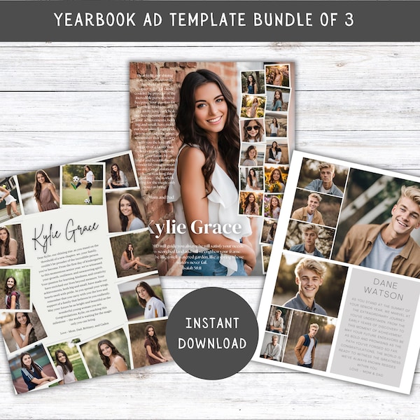 Plantillas de anuncios para anuarios de último año de secundaria, diseño editable de página completa, homenaje de graduación, collage de fotos personalizado para anuncios escolares.