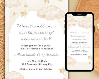 Cloud and Stars Gender Reveal Invitation: Neutral Canva Template (Digital Invite)