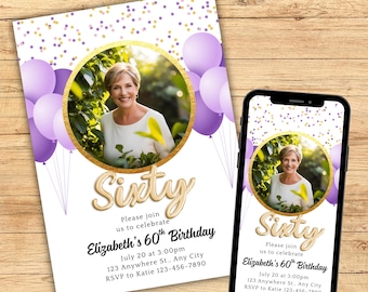 Invitación de 60 cumpleaños para ella, invitación de 60 cumpleaños con foto, invitación digital morada para fiesta de 60 cumpleaños, cumpleaños de 60 años
