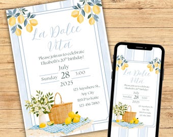Italian Summer Birthday Invitation: Lemon Amalfi Theme (Digital Download, 5x7 & 1080x1920 px)