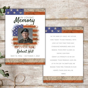 Plantilla editable de tarjeta de oración fúnebre, tarjeta con poema fúnebre, funeral de veterano, celebración de la vida, tarjeta conmemorativa militar imprimible, obituario