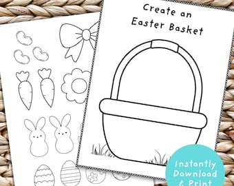 Easter Basket Coloring Craft for Kids, Cut and Paste Activity (Printable PDF)